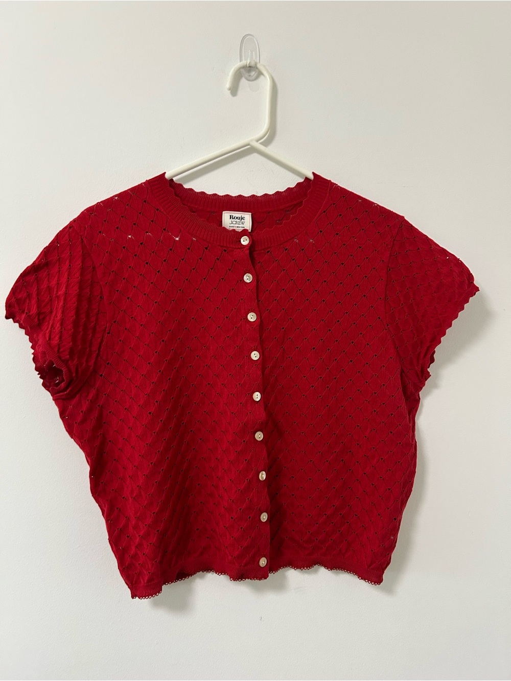 Rouje J. Crew Red Short-Sleeve Eyelet Button-Front cardigan scallop large
